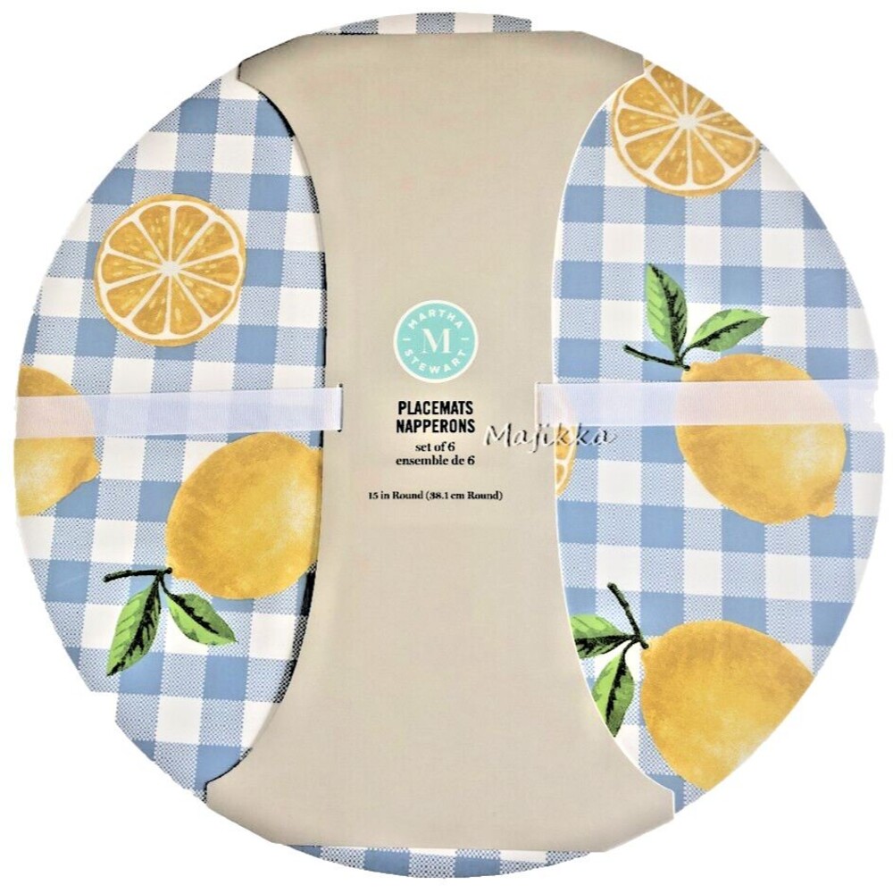 Martha Stewart Lemons Placemats Round 15" Vinyl Foam Back Blue Plaid Set of 6